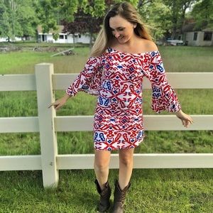 Red White and Blue Bell Sleeve Dress